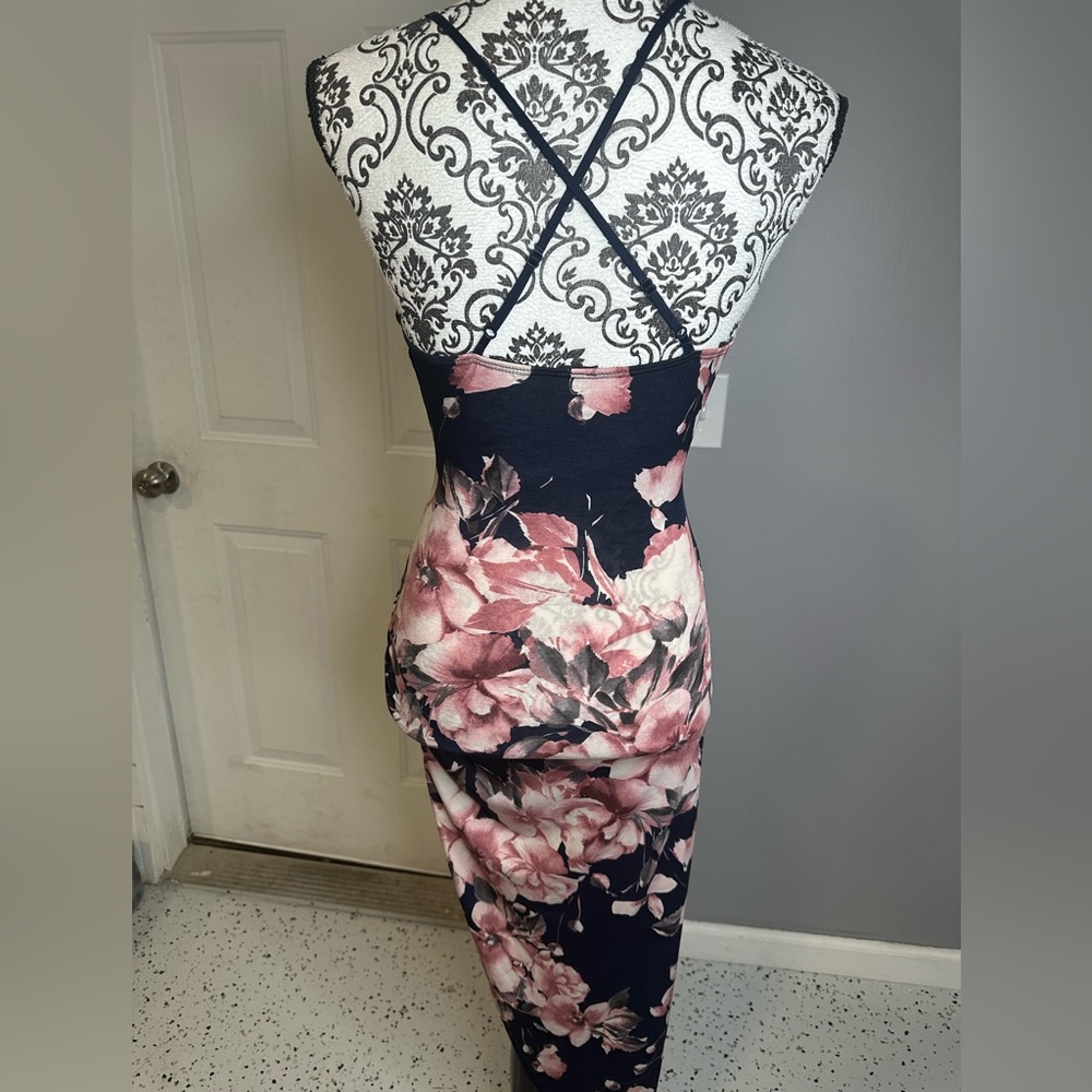 Windsor Navy Floral Midi Dress with Pink Blossoms - Picture 3 of 4